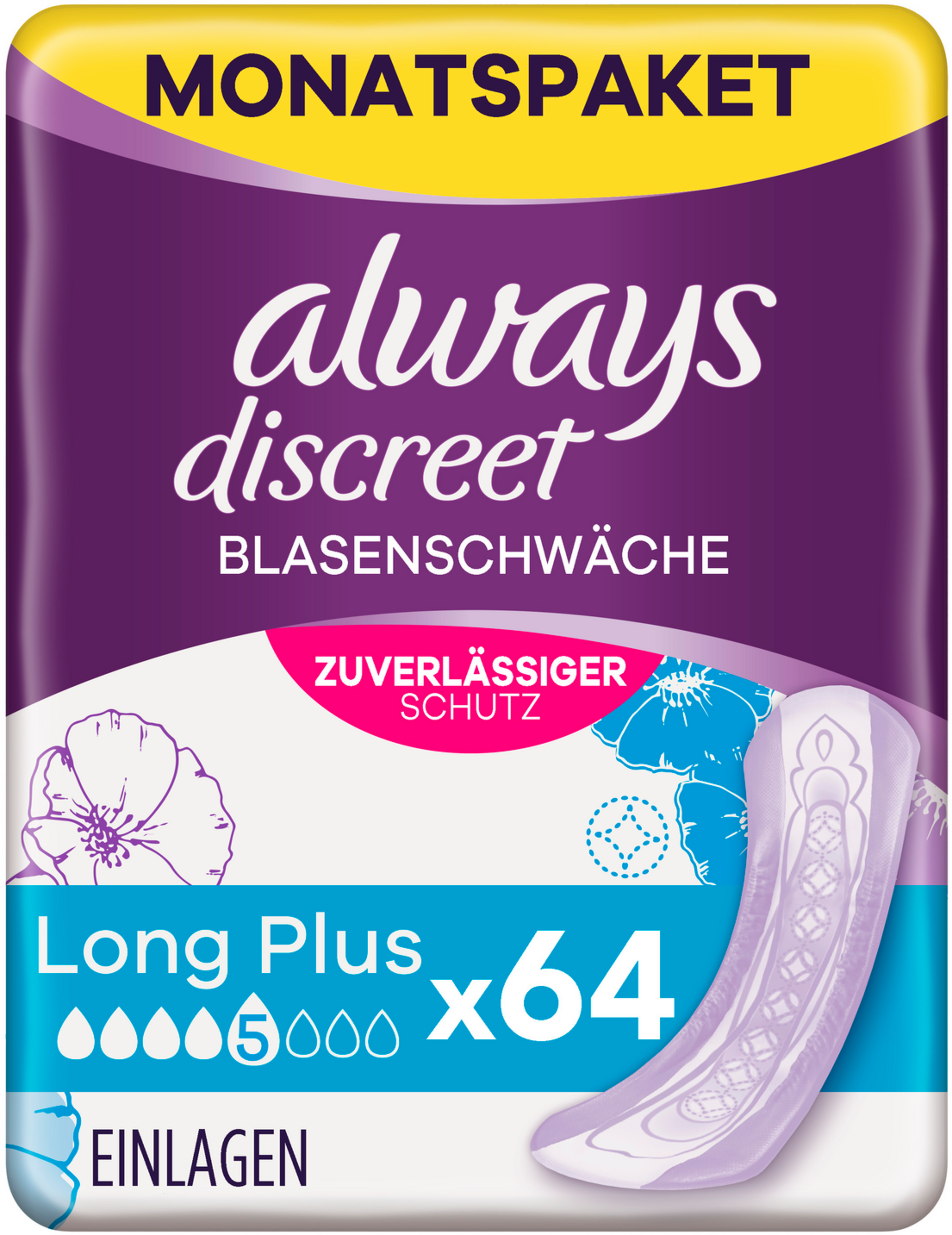 Always Discreet Inkontinenz-Einlagen Long Plus (64 STK) Monatspaket –  Windelshop