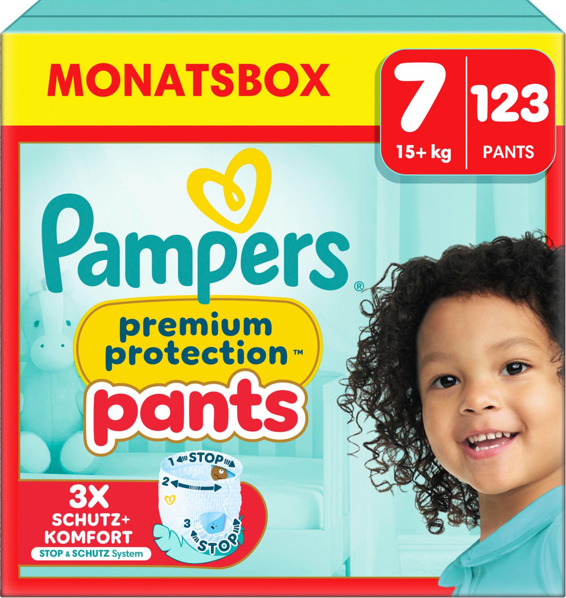 Pampers Premium Protectio Pants Gr.7 XXL (123 Stk) 15+kg – Monatsbox🍼