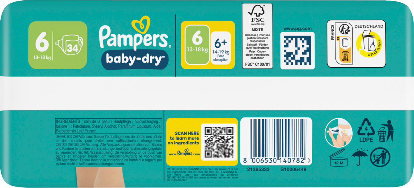 Pampers Baby-Dry Gr.6 Extra Large 13-18kg (34 STK) Sparpack