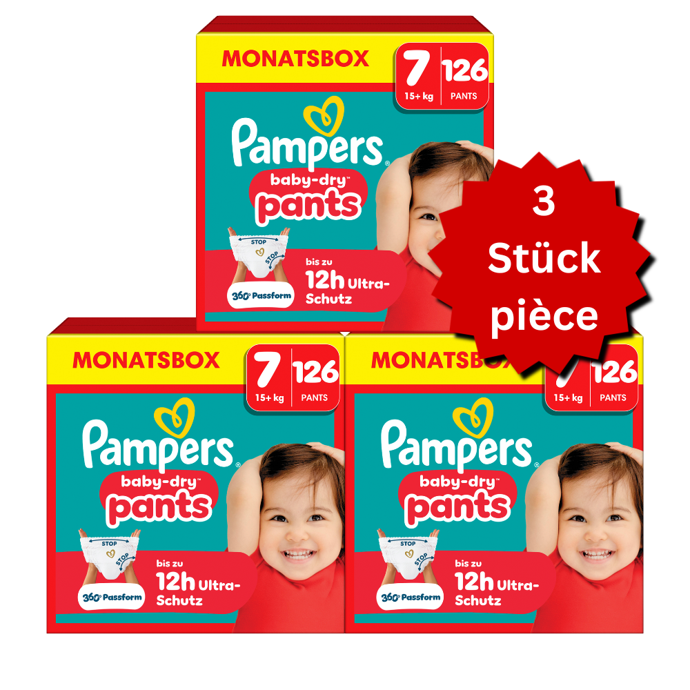 Pampers Baby-Dry PANTS Gr. 7 XXL +15kg (3x126 STK) AKTION 3 Monatsboxen