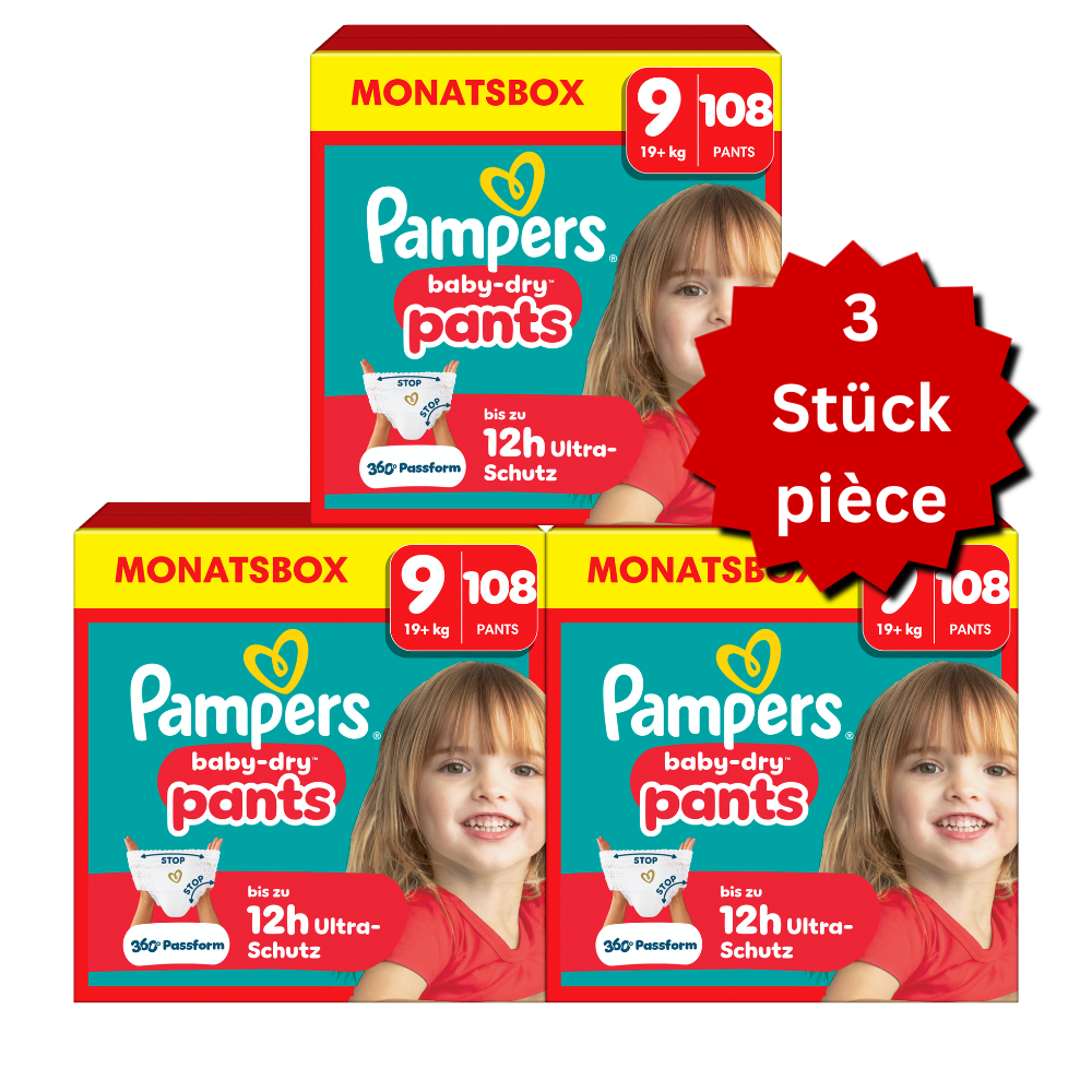 Pampers Baby-Dry PANTS Gr. 9 XXXXL 19+kg (3x108 STK) AKTION 3 Monatsboxen
