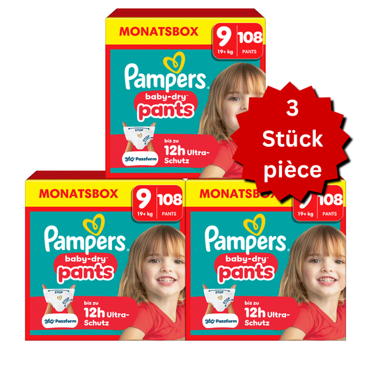 Pampers Baby-Dry PANTS Gr. 9 XXXXL 19+kg (3x108 STK) AKTION 3 Monatsboxen